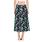 Purple And Green Leaf Pattern Print Side Slit Midi Skirt