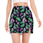 Purple And Green Leaf Pattern Print Side Slit Mini Skirt