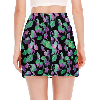 Purple And Green Leaf Pattern Print Side Slit Mini Skirt