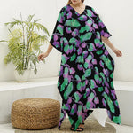 Purple And Green Leaf Pattern Print Silk V-Neck Kaftan Dress