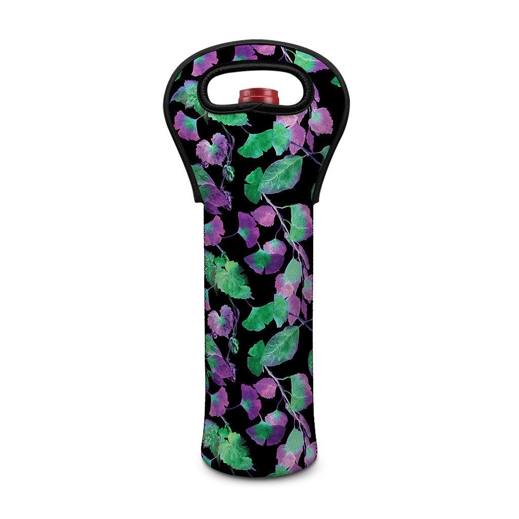 Purple And Green Leaf Pattern Print Single Neoprene Wine Tote