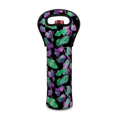 Purple And Green Leaf Pattern Print Single Neoprene Wine Tote