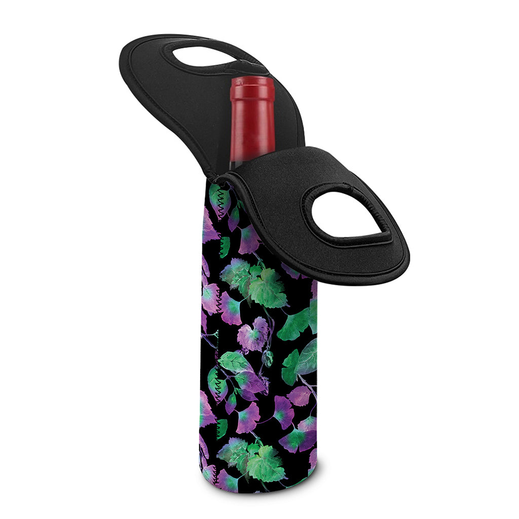 Purple And Green Leaf Pattern Print Single Neoprene Wine Tote