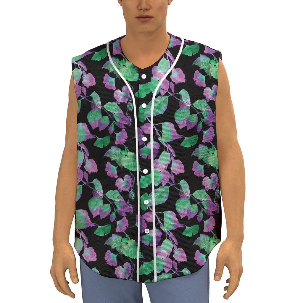 Purple And Green Leaf Pattern Print Sleeveless Baseball Jersey