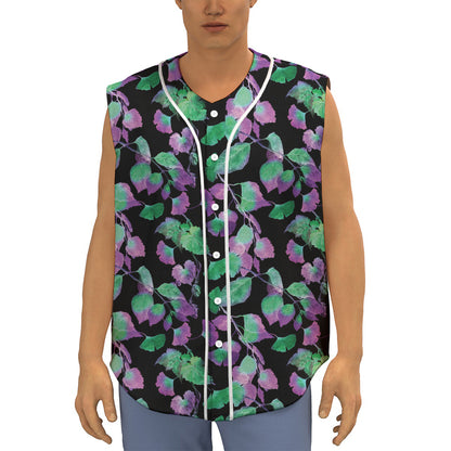 Purple And Green Leaf Pattern Print Sleeveless Baseball Jersey