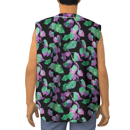 Purple And Green Leaf Pattern Print Sleeveless Baseball Jersey
