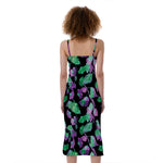 Purple And Green Leaf Pattern Print Slim Fit Midi Cami Dress