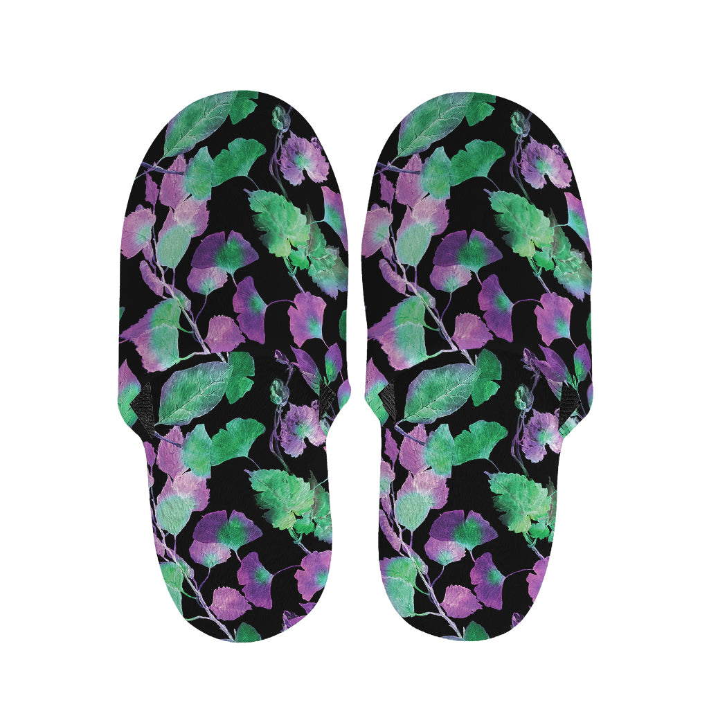 Purple And Green Leaf Pattern Print Slippers