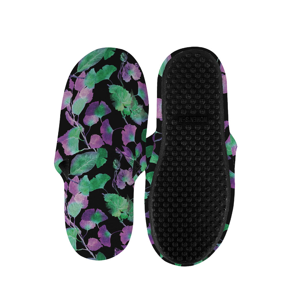 Purple And Green Leaf Pattern Print Slippers