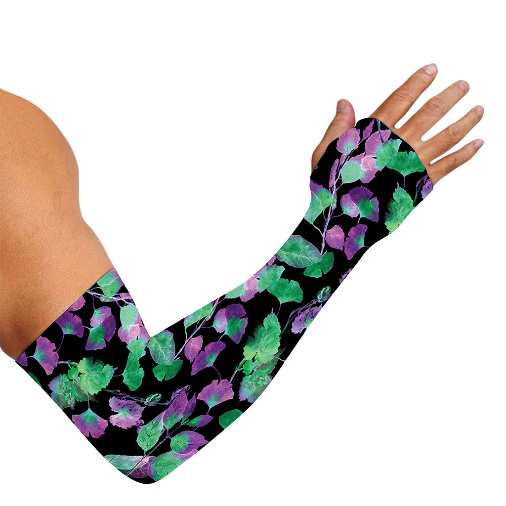 Purple And Green Leaf Pattern Print Sun Protection Arm Sleeves