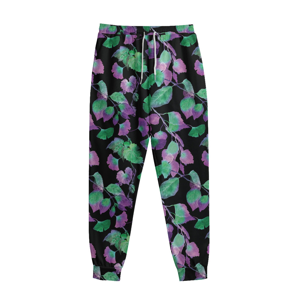 Purple And Green Leaf Pattern Print Sweatpants