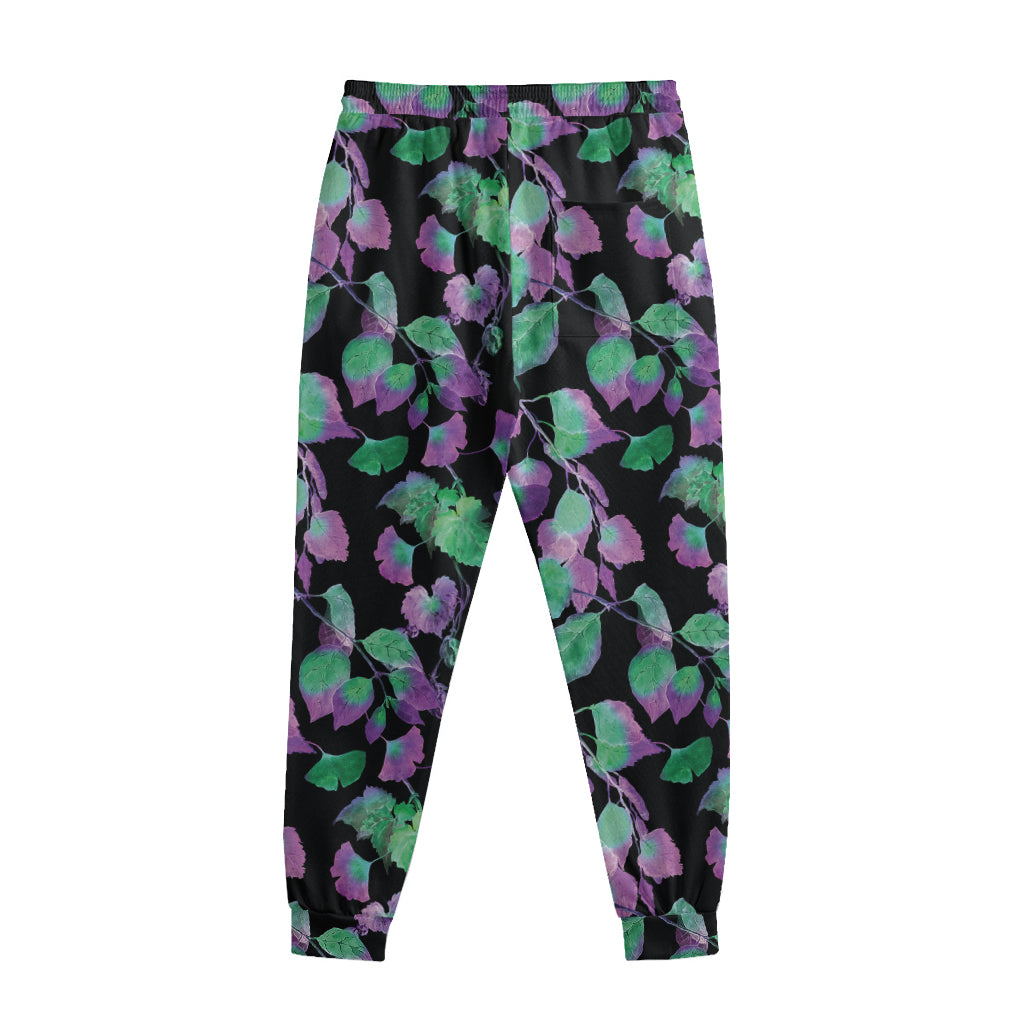 Purple And Green Leaf Pattern Print Sweatpants