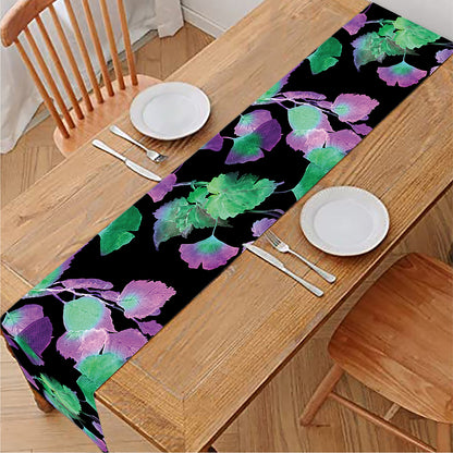 Purple And Green Leaf Pattern Print Table Runner