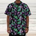 Purple And Green Leaf Pattern Print Textured Short Sleeve Shirt