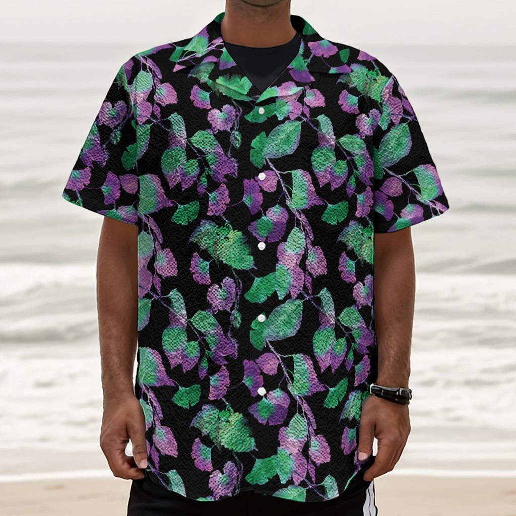 Purple And Green Leaf Pattern Print Textured Short Sleeve Shirt