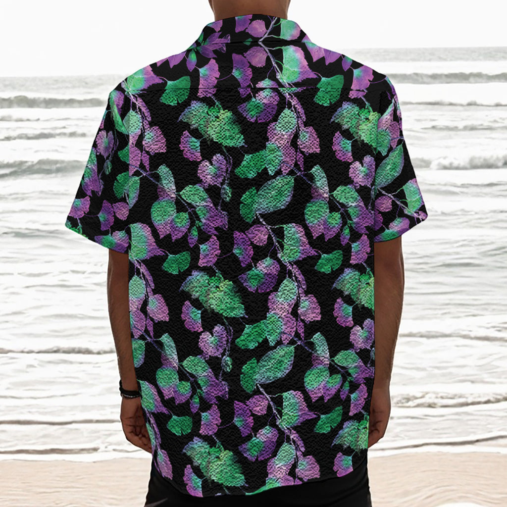Purple And Green Leaf Pattern Print Textured Short Sleeve Shirt