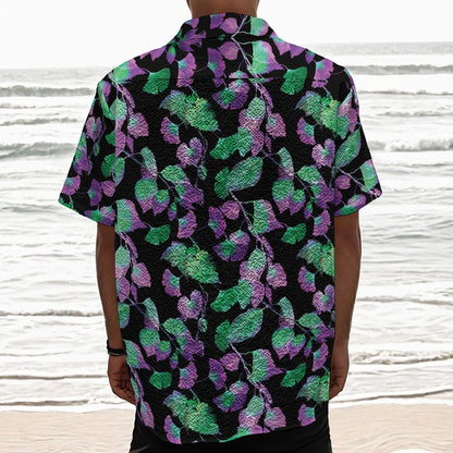 Purple And Green Leaf Pattern Print Textured Short Sleeve Shirt