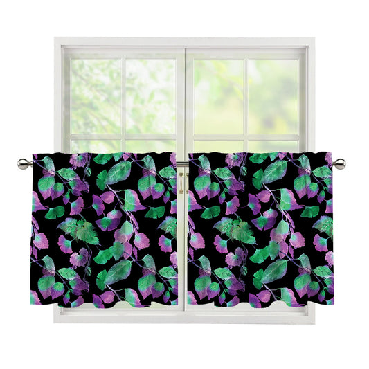 Purple And Green Leaf Pattern Print Tier Curtains