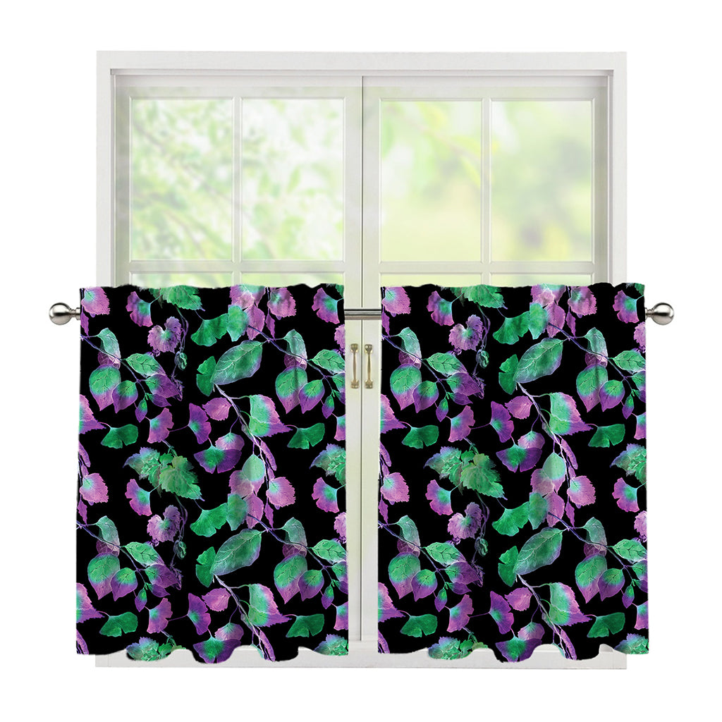Purple And Green Leaf Pattern Print Tier Curtains