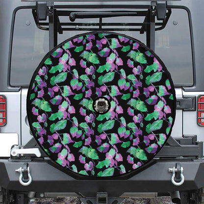 Purple And Green Leaf Pattern Print Tire Cover With Camera Hole