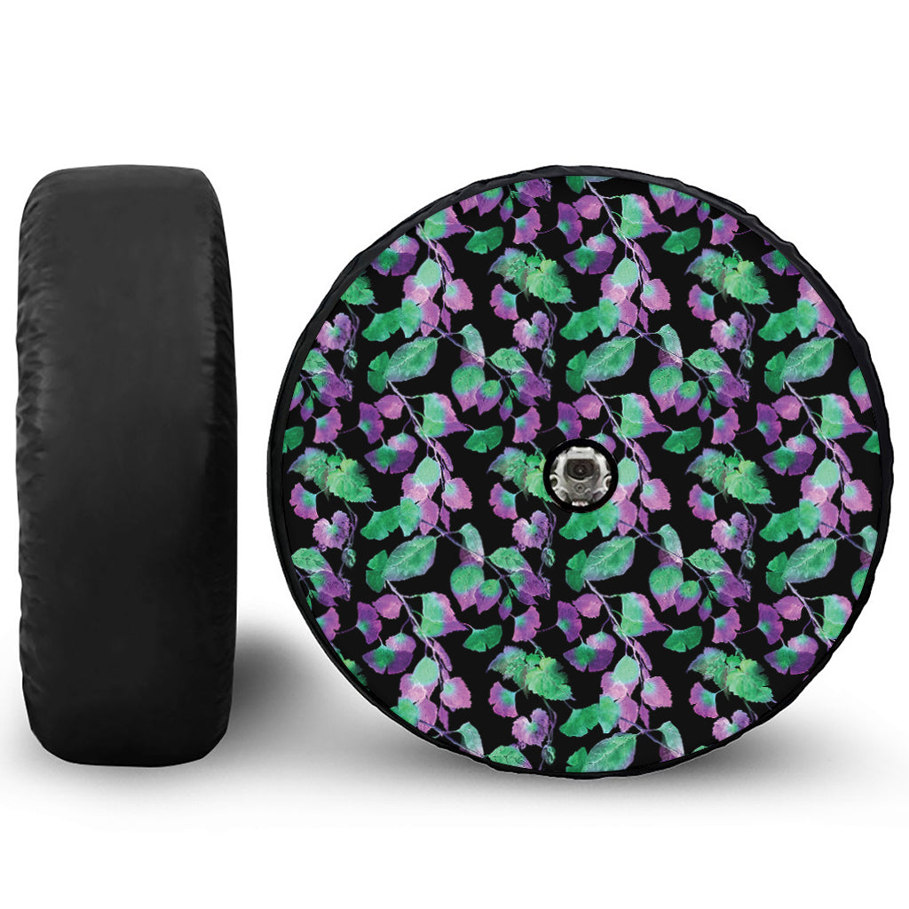 Purple And Green Leaf Pattern Print Tire Cover With Camera Hole