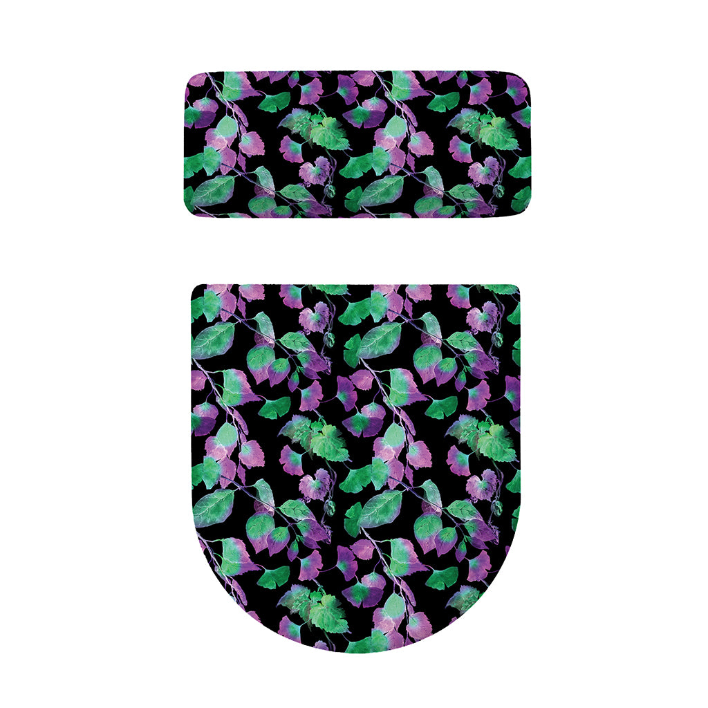Purple And Green Leaf Pattern Print Toilet Lid And Tank Cover Set