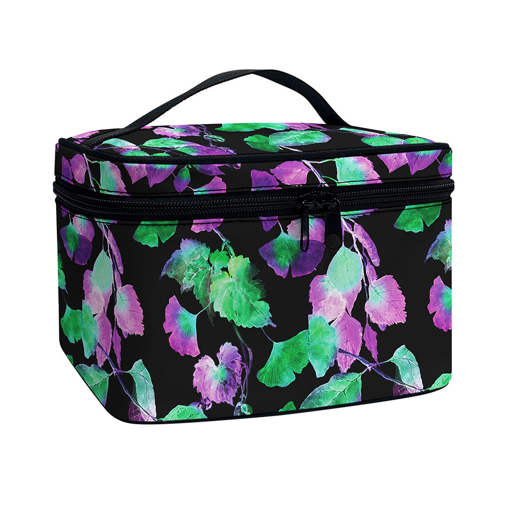 Purple And Green Leaf Pattern Print Travel Makeup Bag