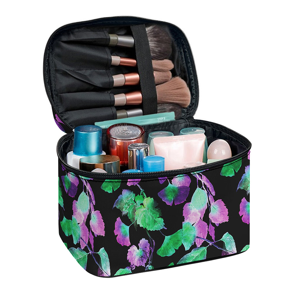 Purple And Green Leaf Pattern Print Travel Makeup Bag