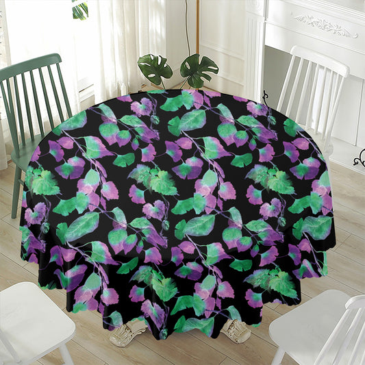 Purple And Green Leaf Pattern Print Waterproof Round Tablecloth