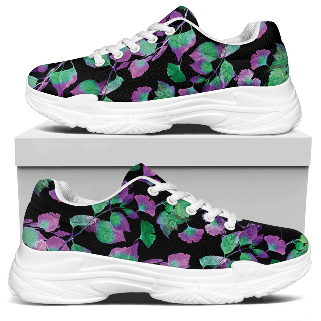 Purple And Green Leaf Pattern Print White Chunky Shoes