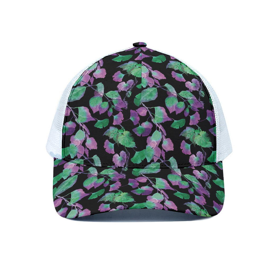 Purple And Green Leaf Pattern Print White Mesh Trucker Cap