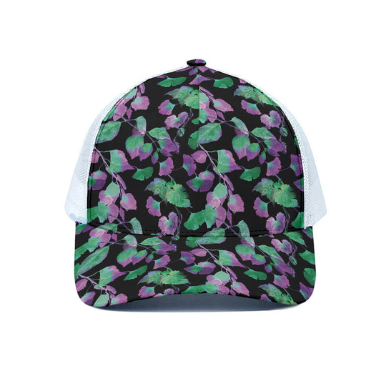 Purple And Green Leaf Pattern Print White Mesh Trucker Cap