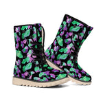 Purple And Green Leaf Pattern Print Winter Boots