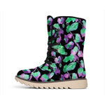 Purple And Green Leaf Pattern Print Winter Boots