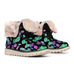 Purple And Green Leaf Pattern Print Winter Boots