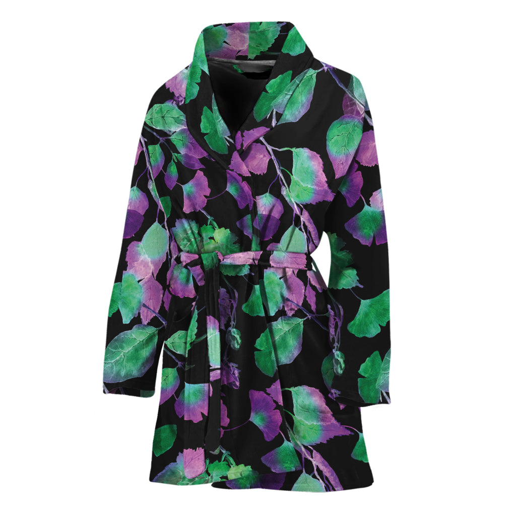 Purple And Green Leaf Pattern Print Women's Bathrobe