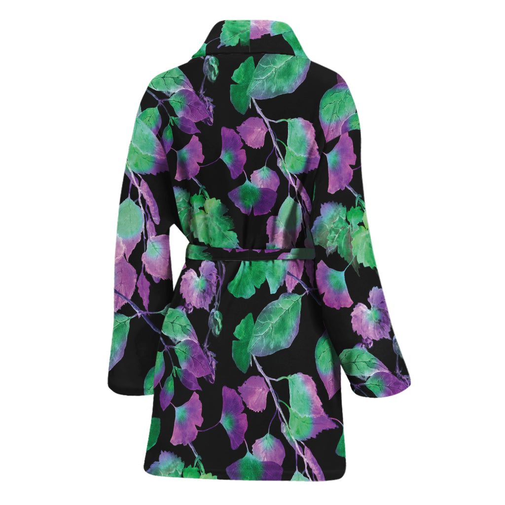 Purple And Green Leaf Pattern Print Women's Bathrobe