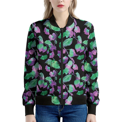 Purple And Green Leaf Pattern Print Women's Bomber Jacket