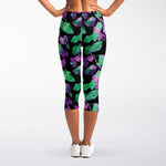 Purple And Green Leaf Pattern Print Women's Capri Leggings