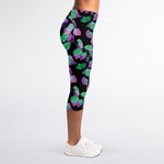 Purple And Green Leaf Pattern Print Women's Capri Leggings
