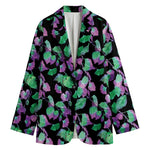 Purple And Green Leaf Pattern Print Women's Cotton Blazer