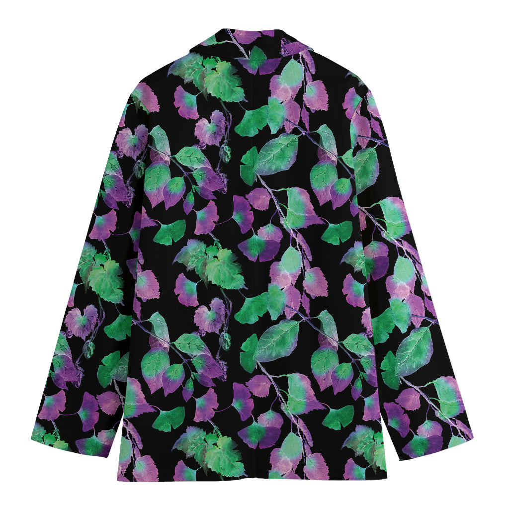 Purple And Green Leaf Pattern Print Women's Cotton Blazer