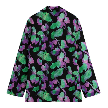 Purple And Green Leaf Pattern Print Women's Cotton Blazer