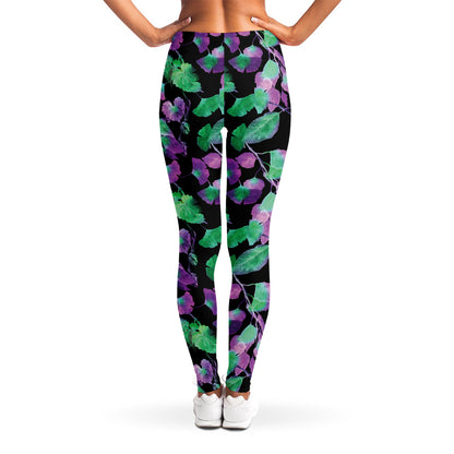 Purple And Green Leaf Pattern Print Women's Leggings