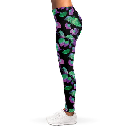 Purple And Green Leaf Pattern Print Women's Leggings