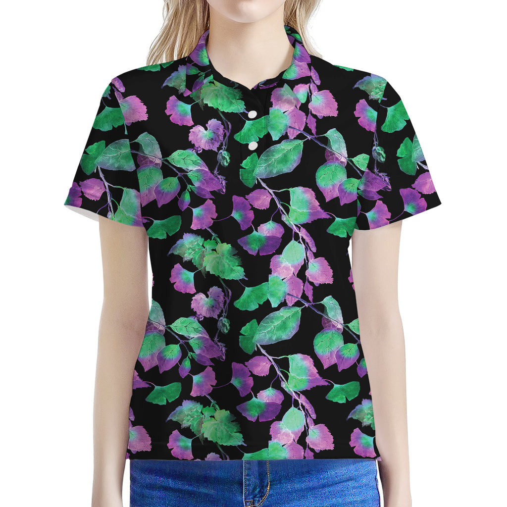 Purple And Green Leaf Pattern Print Women's Polo Shirt