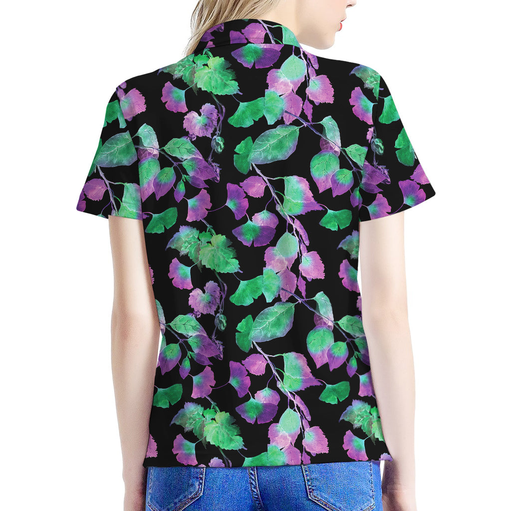Purple And Green Leaf Pattern Print Women's Polo Shirt