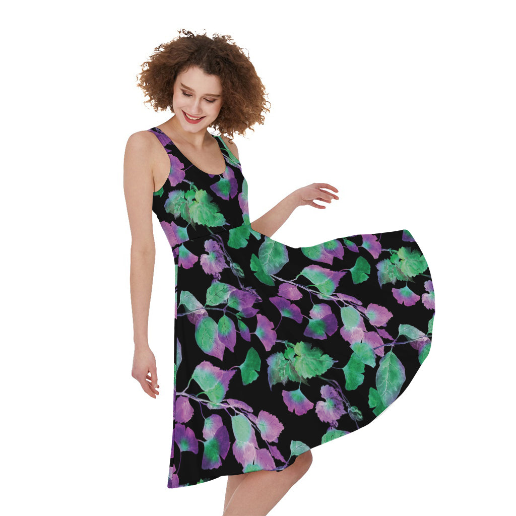 Purple And Green Leaf Pattern Print Women's Sleeveless Dress