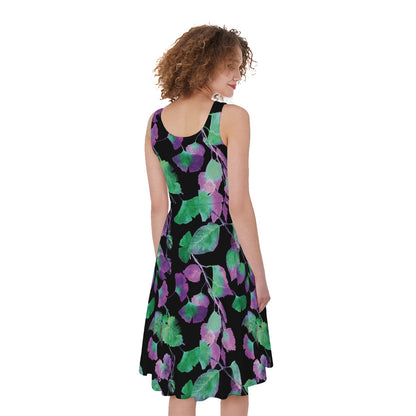 Purple And Green Leaf Pattern Print Women's Sleeveless Dress