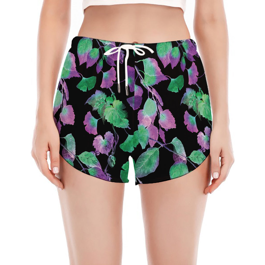 Purple And Green Leaf Pattern Print Women's Split Running Shorts